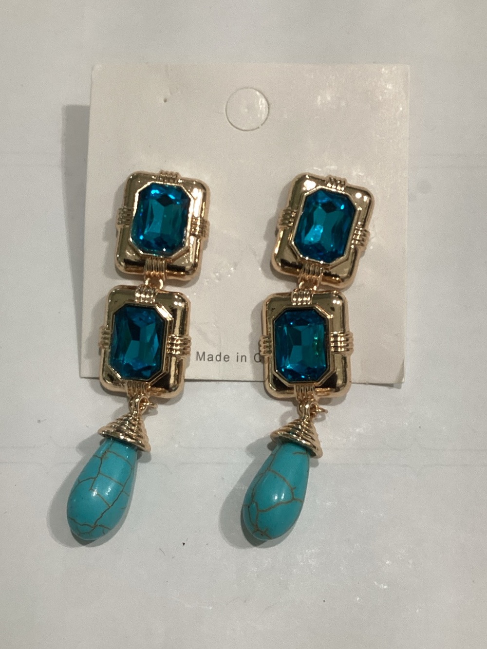 Gold-Tone Teal Gem Drop Earrings with Turquoise Teardrops